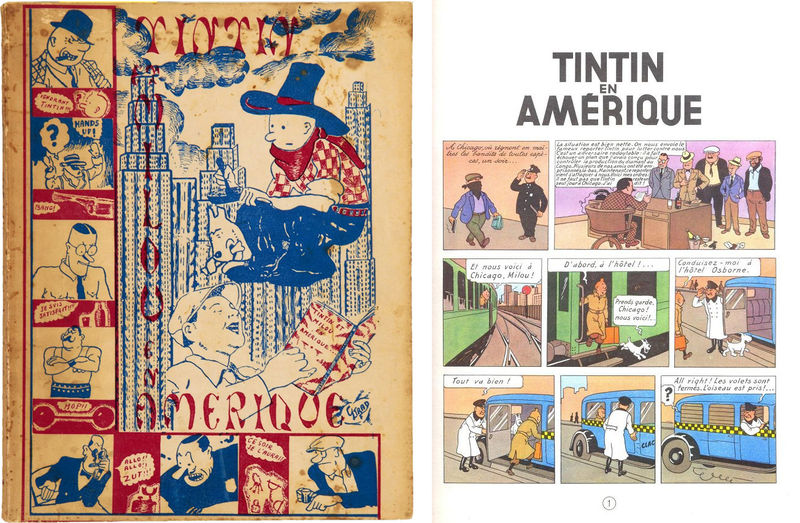 Обложка и фрагмент рисованной истории «Тинтин в Америке». 1932. Источники: sovchoz.tumblr.com, bedetheque.com